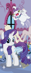 Size: 2410x5670 | Tagged: safe, artist:polygonical, opalescence, rarity, cat, pony, unicorn, b.u.c.k., g4, banner, carousel boutique, female, grin, high res, jumping, looking at you, mare, ponyquin, poster, show accurate, smiling, solo focus, sparkles, vector