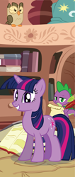 Size: 2410x5661 | Tagged: safe, artist:polygonical, owlowiscious, spike, twilight sparkle, bird, dragon, owl, pony, unicorn, b.u.c.k., g4, banner, book, female, golden oaks library, grin, high res, mare, poster, quill, scroll, show accurate, smiling, solo focus, unicorn twilight, vector