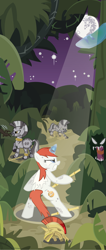 Size: 2410x5670 | Tagged: safe, artist:polygonical, oc, oc:britannia, pony, unicorn, zebra, b.u.c.k., angry, bamboo, banner, bipedal, female, fight, glowing, glowing horn, gritted teeth, helmet, high res, hoof hold, horn, jungle, mare, mare in the moon, monster, moon, night, poster, scuff mark, show accurate, stick, teeth, vector