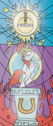 Size: 2410x5669 | Tagged: safe, artist:polygonical, oc, oc:britannia, pony, unicorn, b.u.c.k., banner, female, globus cruciger, high res, jewelry, mare, pedestal, poster, rearing, regalia, show accurate, solo, stained glass, vector