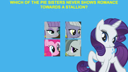 Size: 1920x1080 | Tagged: safe, anonymous editor, edit, edited screencap, screencap, limestone pie, marble pie, maud pie, pinkie pie, rarity, earth pony, pony, unicorn, g4, blue background, female, mare, pie sisters, question, siblings, simple background, sisters