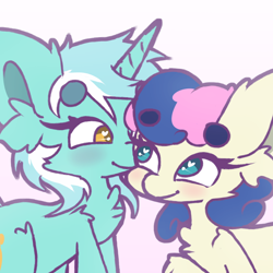 Size: 2000x2000 | Tagged: safe, artist:myth_cryptid, bon bon, lyra heartstrings, sweetie drops, earth pony, pony, unicorn, g4, beanbrows, chest fluff, duo, ear fluff, eyebrows, eyebrows visible through hair, female, gradient background, heart, heart eyes, high res, lesbian, looking at each other, looking at someone, mare, nuzzling, raised hoof, ship:lyrabon, shipping, smiling, song cover, wingding eyes