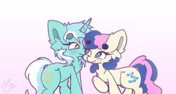 Size: 3000x1600 | Tagged: safe, artist:myth_cryptid, bon bon, lyra heartstrings, sweetie drops, earth pony, pony, unicorn, g4, beanbrows, chest fluff, duo, ear fluff, eyebrows, eyebrows visible through hair, female, gradient background, heart, heart eyes, lesbian, looking at each other, looking at someone, mare, nuzzling, raised hoof, ship:lyrabon, shipping, smiling, wingding eyes