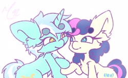 Size: 2300x1399 | Tagged: safe, artist:myth_cryptid, bon bon, lyra heartstrings, sweetie drops, earth pony, pony, unicorn, g4, beanbrows, chest fluff, duo, ear fluff, eyebrows, eyebrows visible through hair, female, heart, heart eyes, holding hooves, lesbian, looking at each other, looking at someone, mare, ship:lyrabon, shipping, simple background, sitting, smiling, white background, wingding eyes