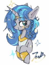 Size: 1900x2532 | Tagged: safe, artist:fub, oc, oc:cork, pony, unicorn, blue eyes, braid, bust, clothes, cute, diadem, egyptian, eye clipping through hair, eyebrows, eyebrows visible through hair, female, headband, headpiece, hoofband, horn, jewelry, long mane, mare, markings, multicolored hair, multicolored mane, photo, see-through, signature, simple background, smiling, solo, stars, white background, wristband