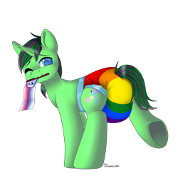 Size: 3000x3000 | Tagged: safe, artist:xcinnamon-twistx, oc, oc only, oc:wub wub, oc:wubwubpwny, pony, unicorn, abdl, abdl pride flag, commission, diaper, diaper fetish, fetish, gay pride flag, high res, mouth hold, non-baby in diaper, pride, pride flag, pride ych, simple background, solo, tail tape, transparent background, ych result