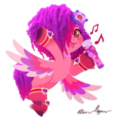 Size: 1237x1207 | Tagged: safe, artist:allisonpopick, ruby jubilee, pegasus, pony, bridlewoodstock (make your mark), g5, my little pony: make your mark, my little pony: make your mark chapter 4, spoiler:g5, spoiler:my little pony: make your mark, spoiler:my little pony: make your mark chapter 4, spoiler:mymc04e01, bridlewoodstock, microphone, music notes, signature, simple background, singing, smiling, solo, white background