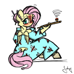 Size: 1280x1280 | Tagged: safe, artist:johrnyreport, fluttershy, pegasus, anthro, g4, bare shoulders, blushing, clothes, colored, dock, hooves, kimono (clothing), pipe, simple background, smoke, solo, tail, white background