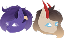 Size: 3319x1947 | Tagged: safe, artist:thecommandermiky, oc, oc only, oc:miky command, oc:reagan, deer, deer pony, original species, blue eyes, bust, deer oc, duo, duo female, female, horn, horn jewelry, jewelry, lineless, mare, non-pony oc, purple eyes, simple background, transparent background