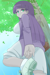 Size: 3268x4882 | Tagged: safe, alternate version, artist:batipin, maud pie, human, equestria girls, g4, ass, big breasts, breasts, busty maud pie, butt, clothes, female, looking at you, shoes, socks, solo, sweat, tree