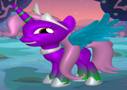 Size: 978x697 | Tagged: safe, editor:incredibubbleirishguy, oc, oc only, oc:chris kirksey, alicorn, pony, 3d, 3d pony creator, alicorn oc, blue wings, brown eyes, cgi, crown, hoof shoes, horn, jewelry, looking at you, pink hair, pink mane, pink tail, princess, princess shoes, purple, purple coat, regalia, smiling, smiling at you, solo, tail, wings, wrong aspect ratio