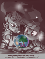 Size: 742x963 | Tagged: safe, artist:applepost67, derpibooru exclusive, twilight sparkle, zecora, pony, unicorn, zebra, g4, crystal ball, text