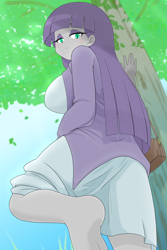 Size: 3268x4882 | Tagged: safe, artist:batipin, maud pie, human, equestria girls, g4, barefoot, big breasts, breasts, clothes, dress, eyeshadow, feet, female, from below, jacket, looking at you, looking down, looking down at you, makeup, purse, solo, tree