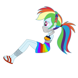 Size: 2000x2000 | Tagged: safe, artist:nie-martw-sie-o-mnie, rainbow dash, human, equestria girls, equestria girls specials, g4, my little pony equestria girls: better together, my little pony equestria girls: spring breakdown, bondage, bound and gagged, cloth gag, female, gag, high res, over the nose gag, ponytail, sandals, simple background, solo, tape, tape bondage, tied up, transparent background