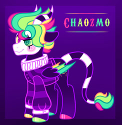 Size: 883x905 | Tagged: safe, artist:octoberumn, oc, oc only, oc:chaozmo, bat wings, clothes, clown, colored hooves, colored wings, gradient background, gradient legs, heterochromia, hoof polish, hooves, horns, male, male oc, multicolored hair, multicolored hooves, multicolored wings, solo, stallion, stripes, swirly eyes, wings