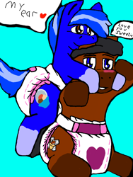 Size: 512x680 | Tagged: safe, artist:cavewolfphil, oc, oc:midnight-delight, earth pony, pony, abdl, blue background, blushing, diaper, diaper fetish, diapered, duo, fetish, male, nom, non-baby in diaper, pink diaper, simple background, speech bubble, stallion, tail tape