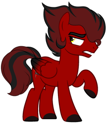 Size: 1115x1280 | Tagged: safe, artist:nightlightartz, oc, oc only, oc:solarstorm shadow, pegasus, pony, base used, colored hooves, colored wings, gradient wings, grimace, looking back, male, male oc, pegasus oc, raised hoof, red and black mane, red and black oc, simple background, solo, stallion, standing, transparent background, unsure, wings, yellow eyes