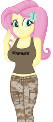 Size: 1017x2319 | Tagged: safe, artist:ah96, artist:edy_january, artist:tharn666, editor:ah96, fluttershy, human, equestria girls, g4, my little pony equestria girls: better together, breasts, busty fluttershy, butterfly hairpin, camouflage, clothes, female, looking at you, marine, marines, military, simple background, smiling, smiling at you, soldier, solo, stupid sexy fluttershy, tank top, transparent background, usmc