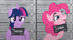 Size: 4890x2675 | Tagged: safe, artist:anriemper, pinkie pie, twilight sparkle, alicorn, earth pony, pony, g4, barbie, barbie (film), barbie mugshot meme, duo, looking at you, meme, mugshot, sad, smiling, smiling at you, twilight sparkle (alicorn)