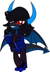 Size: 1623x2321 | Tagged: safe, artist:starshade, artist:yogurtscotch, oc, oc only, oc:flare storm, dragon, base used, bipedal, clothes, colored horn, colored wings, dragon oc, fangs, fingerless gloves, gloves, grin, horn, horns, male, male oc, multicolored wings, non-pony oc, pants, red eyes, shoes, simple background, smiling, solo, suit, transparent background, wings