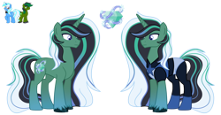 Size: 5000x2600 | Tagged: safe, artist:kiracatastic, artist:magicalbases, oc, oc only, oc:emerald hunter, oc:silver froze, oc:turquoise frost, pony, unicorn, base used, blue eyes, bodysuit, bowtie, clothes, colored eyelashes, colored hooves, fusion, fusion:oc:emerald hunter, fusion:oc:silver froze, glasses, gradient legs, gradient mane, gradient tail, grin, hoof polish, horn, light blue eyes, long hair, long mane, long tail, male, male oc, round glasses, simple background, smiling, solo, stallion, standing, tail, transparent background, unicorn oc, unshorn fetlocks