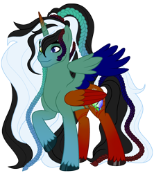 Size: 1947x2195 | Tagged: safe, artist:kiracatastic, artist:mariella999, oc, oc:aether heart, alicorn, pony, alicorn oc, base used, black and white mane, blue eyes, body markings, braid, colored hooves, colored pupils, colored wings, colored wingtips, facial markings, folded wings, fusion, fusion:oc:emerald hunter, fusion:oc:silver froze, fusion:oc:solarstorm shadow, fusion:oc:surge navyheart, gradient horn, gradient legs, gradient mane, gradient tail, green eyes, heterochromia, hoof polish, horn, long hair, long mane, long tail, male, male alicorn, male alicorn oc, mismatched eyes, multicolored wings, multiple wings, partially open wings, ponytail, raised hoof, stallion, standing, tail, unshorn fetlocks, wings