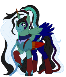 Size: 1991x2302 | Tagged: safe, alternate version, artist:kiracatastic, artist:mariella999, oc, oc:aether heart, alicorn, pony, alicorn oc, base used, black and white mane, blue eyes, body markings, bodysuit, braid, clothes, colored hooves, colored pupils, colored wings, colored wingtips, facial markings, folded wings, fusion, fusion:oc:emerald hunter, fusion:oc:silver froze, fusion:oc:solarstorm shadow, fusion:oc:surge navyheart, gradient horn, gradient legs, gradient mane, gradient tail, green eyes, heterochromia, hoof polish, horn, long hair, long mane, long tail, male, male alicorn, male alicorn oc, mismatched eyes, multicolored wings, multiple wings, partially open wings, ponytail, raised hoof, stallion, standing, tail, unshorn fetlocks, wings