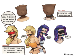 Size: 2170x1659 | Tagged: safe, artist:xeninara, applejack, rarity, human, g4, bag on head, ballgag, blindfold, bondage, bound, bound together, collar, dialogue, duo, duo female, female, gag, humanized, implied discord, lesbian, lock, muffled words, offscreen character, padlock, rope, rope bondage, ropes, ship:rarijack, shipping, simple background, speech bubble, thought bubble, tied up, white background