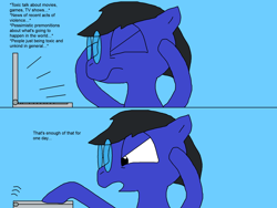 Size: 2000x1500 | Tagged: safe, artist:blazewing, oc, oc only, oc:blazewing, pegasus, pony, 2 panel comic, atg 2023, blue background, comic, computer, drawpile, eyes closed, glasses, headache, internet, laptop computer, male, male oc, newbie artist training grounds, relatable, simple background, solo, stallion, stressed, text