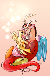 Size: 1561x2361 | Tagged: safe, artist:termosthecorgi, discord, fluttershy, draconequus, pegasus, pony, g4, 2023, antlers, duo, duo male and female, eye contact, eyebrows, eyebrows visible through hair, female, looking at each other, looking at someone, male, mare, mismatched wings, open mouth, open smile, partially open wings, pink background, ship:discoshy, shipping, signature, simple background, size difference, smiling, smiling at each other, spread wings, straight, wings