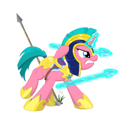 Size: 3900x3600 | Tagged: safe, artist:gaiusmaximiliano, oc, oc only, oc:lily glamerspear, pony, unicorn, fanfic:everyday life with guardsmares, armor, armored pony, female, flower, frown, glowing, glowing horn, guard, guardsmare, helmet, high res, horn, lily (flower), magic, magic aura, mare, royal guard, simple background, solo, spear, teeth, transparent background, unicorn oc, weapon