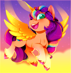 Size: 909x930 | Tagged: safe, artist:esmeia, sunny starscout, alicorn, earth pony, pony, g5, alicornified, artificial horn, artificial wings, augmented, female, gradient background, horn, looking at you, magic, magic horn, magic wings, mane stripe sunny, mare, open mouth, open smile, race swap, smiling, smiling at you, solo, sparkles, sunnycorn, unshorn fetlocks, wings