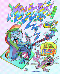 Size: 2365x2933 | Tagged: safe, artist:grotezco, artist:tokiotoyy2k, rainbow dash, spike, spike the regular dog, dog, human, pegasus, pony, equestria girls 10th anniversary, equestria girls, g4, guitar centered, 80's fashion, 80s, birthday, birthday cake, cake, chord, chromatic aberration, collar, comic, cupcake, dog collar, electric guitar, eyestrain warning, food, guitar, high res, jumping, musical instrument, rock, rock (music), running, solo, speech bubble, spoilers for another series, stars, student, teenager