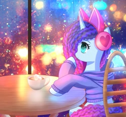 Size: 1506x1400 | Tagged: safe, artist:jaanhavi, misty brightdawn, pony, unicorn, g5, chair, chocolate, clothes, cup, cute, earmuffs, female, food, hot chocolate, mare, mistybetes, rain, rebirth misty, solo, sweater, table, whipped cream, window
