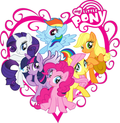 Size: 4536x4646 | Tagged: safe, applejack, fluttershy, pinkie pie, rainbow dash, rarity, twilight sparkle, alicorn, earth pony, pegasus, pony, unicorn, g4, official, .svg available, female, heart, mane six, mare, my little pony logo, simple background, stock vector, svg, transparent background, twilight sparkle (alicorn), vector