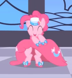 Size: 596x647 | Tagged: safe, screencap, pinkie pie, earth pony, pony, g4, season 1, the best night ever, beautiful, can-can, canterlot, canterlot castle, clothes, cropped, cute, dancing, dress, dress lift, female, gala dress, gown, grand galloping gala, mare, pinkie pie's first gala dress, playing with dress, shoes, solo