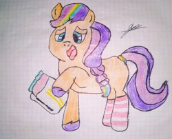 Size: 3856x3120 | Tagged: safe, artist:bitter sweetness, sunny starscout, earth pony, pony, g5, abdl, clothes, diaper, diaper fetish, female, fetish, high res, hooves, mane stripe sunny, mare, non-baby in diaper, socks, striped socks, tongue out, traditional art