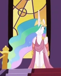 Size: 265x329 | Tagged: safe, screencap, princess celestia, alicorn, pony, canterlot boutique, g4, make new friends but keep discord, beautiful, canterlot, carpet, celestia's gala dress, clothes, cropped, crown, dress, eyes closed, female, gala dress, gown, grand galloping gala, happy, jewelry, mare, regalia, solo, stained glass, stairs, tiara