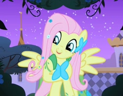 Size: 1474x1148 | Tagged: safe, screencap, fluttershy, butterfly, pegasus, pony, g4, season 1, the best night ever, alternate hairstyle, beautiful, bush, canterlot, canterlot castle, clothes, cute, dress, female, flower, flower in hair, flutterbeautiful, fluttershy's first gala dress, gala dress, gown, grand galloping gala, hoof on chin, mare, night, shoes, shyabetes, solo, stars, tree