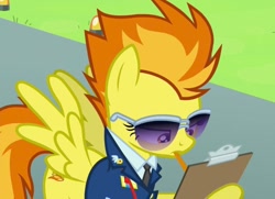 Size: 1129x818 | Tagged: safe, screencap, spitfire, pegasus, pony, g4, top bolt, clipboard, clothes, drill sergeant, female, grass, light, mare, necktie, pencil, runway, solo, spitfire's tie, spitfire's whistle, spread wings, suit, sunglasses, uniform, whistle, whistle necklace, wings, wonderbolts dress uniform