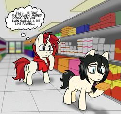 Size: 1318x1236 | Tagged: safe, artist:scraggleman, oc, oc only, oc:floor bored, oc:magpie, earth pony, pony, unicorn, blank flank, clothes, ear piercing, earth pony oc, food, grocery store, hoodie, horn, noodles, piercing, ramen, text, thought bubble, unicorn oc