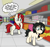 Size: 1318x1236 | Tagged: safe, artist:scraggleman, oc, oc only, oc:floor bored, oc:magpie, earth pony, pony, unicorn, blank flank, clothes, ear piercing, earth pony oc, food, grocery store, hoodie, horn, noodles, piercing, ramen, text, thought bubble, unicorn oc