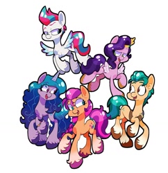 Size: 1000x1033 | Tagged: safe, artist:galaxydream22, hitch trailblazer, izzy moonbow, pipp petals, sunny starscout, zipp storm, earth pony, pegasus, pony, unicorn, g5, bracelet, female, flying, friendship bracelet, group, jewelry, lidded eyes, looking at each other, looking at someone, looking back, male, mane five, mare, open mouth, open smile, raised hoof, royal sisters (g5), siblings, simple background, sisters, smiling, spread wings, stallion, tail, unshorn fetlocks, white background, wings
