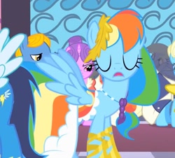 Size: 1202x1088 | Tagged: safe, screencap, derpy hooves, eclair créme, north star, perfect pace, rainbow dash, soarin', pegasus, pony, g4, my little pony: friendship is magic, the best night ever, alternate hairstyle, beautiful, canterlot, canterlot castle, carpet, clothes, cropped, dress, eyes closed, female, gala dress, gown, grand galloping gala, mare, open mouth, red carpet, shoes