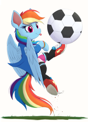 Size: 1448x2000 | Tagged: safe, artist:arcane-thunder, rainbow dash, pegasus, pony, g4, :p, atg 2023, clothes, equestria girls outfit, female, football, hoof shoes, mare, newbie artist training grounds, solo, sports, tongue out, wings