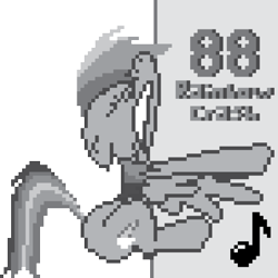Size: 3750x3750 | Tagged: safe, artist:polygonical, rainbow dash, pegasus, pony, g4, 8-bit, album cover, female, game boy, grayscale, gritted teeth, high res, mare, monochrome, music notes, pixel art, rainbow crash, simple background, solo, teeth, transparent background