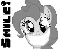Size: 1023x808 | Tagged: safe, artist:polygonical, pinkie pie, earth pony, pony, a friend in deed, g4, season 1, 8-bit, big grin, bust, derp, female, game boy, grayscale, grin, mare, monochrome, pixel art, portrait, simple background, smile song, smiling, solo, song cover, white background