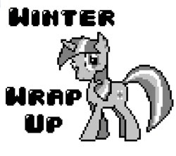 Size: 775x684 | Tagged: safe, artist:polygonical, twilight sparkle, pony, unicorn, g4, season 1, winter wrap up, 8-bit, female, game boy, grayscale, mare, monochrome, pixel art, pose, simple background, solo, song cover, unicorn twilight, white background, winter wrap up song