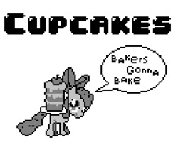 Size: 775x684 | Tagged: safe, artist:polygonical, apple bloom, earth pony, pony, call of the cutie, g4, season 1, 8-bit, cake, carrying, cupcake song, female, filly, foal, food, game boy, grayscale, haters gonna hate, meme, monochrome, pixel art, simple background, solo, song cover, speech bubble, white background