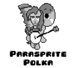 Size: 775x684 | Tagged: safe, artist:polygonical, pinkie pie, earth pony, pony, g4, season 1, swarm of the century, 8-bit, accordion, banjo, female, game boy, grayscale, harmonica, mare, monochrome, musical instrument, one man band, parasprite polka, pixel art, simple background, solo, song cover, tuba, white background